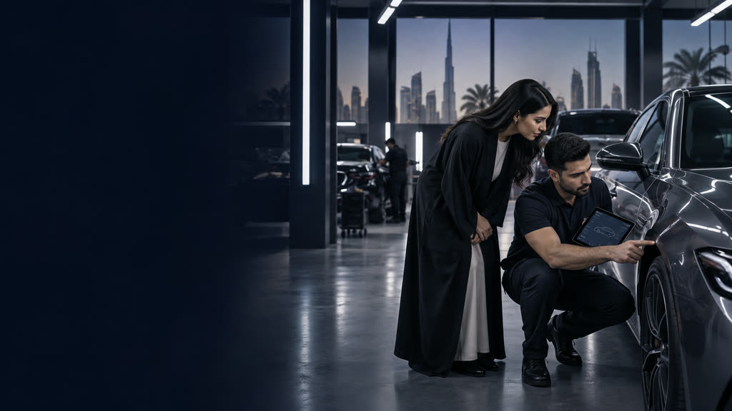 A technician showing a car owner a detail on the bodywork of a dark car inside a service bay at night