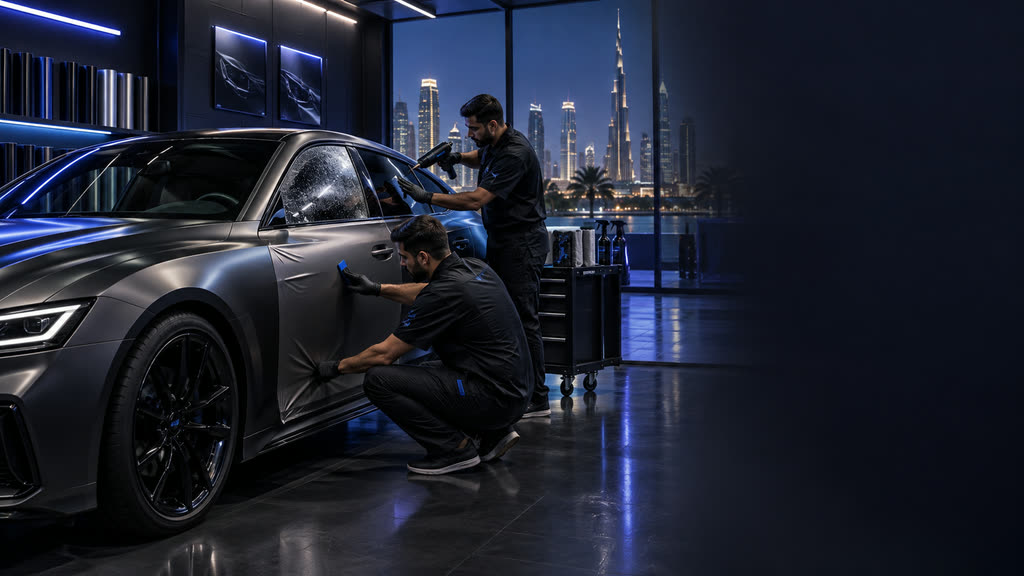 Two technicians working on a light-coloured sports car in a lit detailing studio