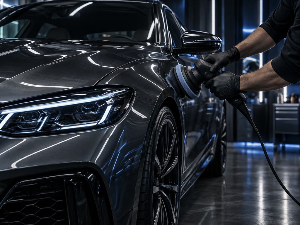 A detailer machine-polishing the paintwork of a dark car