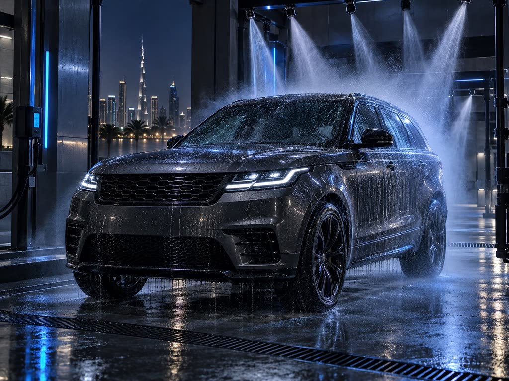 An SUV under water jets in a modern wash bay at night, with the Dubai skyline behind